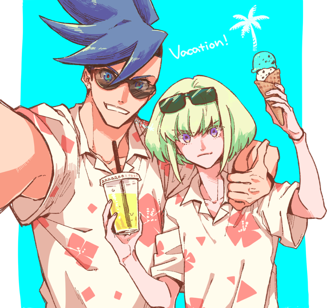 Safebooru 2boys blue background blue eyes blue hair collared shirt