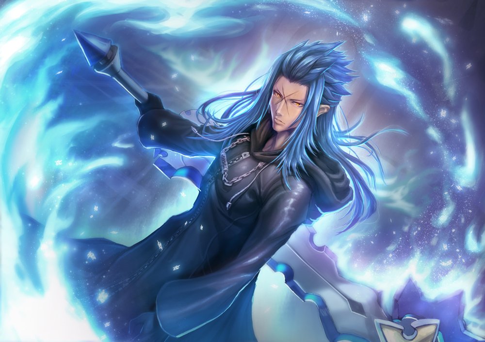 1boy black_coat(kingdom_hearts) blue_hair cloak gloves gogo(detteiu_de) kin...