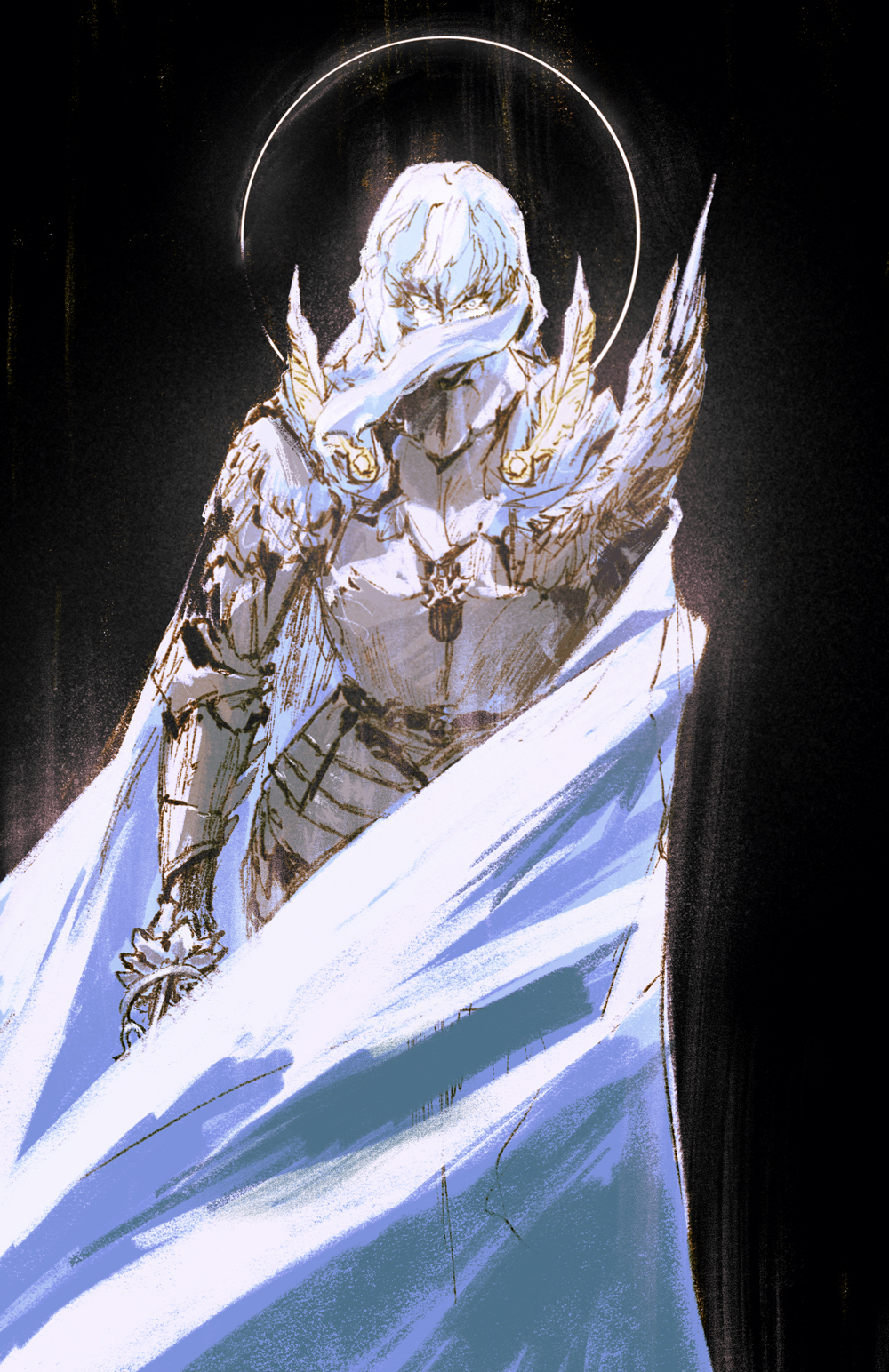 Safebooru - 1boy armor berserk black background blue eyes blue hair ...