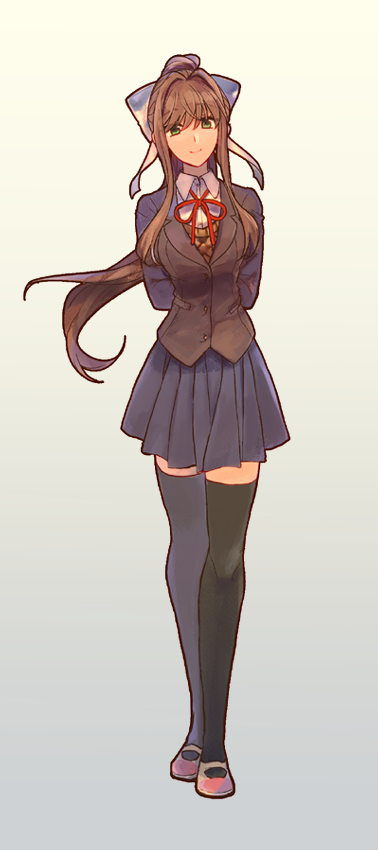 Safebooru 1girl Arms Behind Back Bangs Black Legwear Blue Skirt Brown