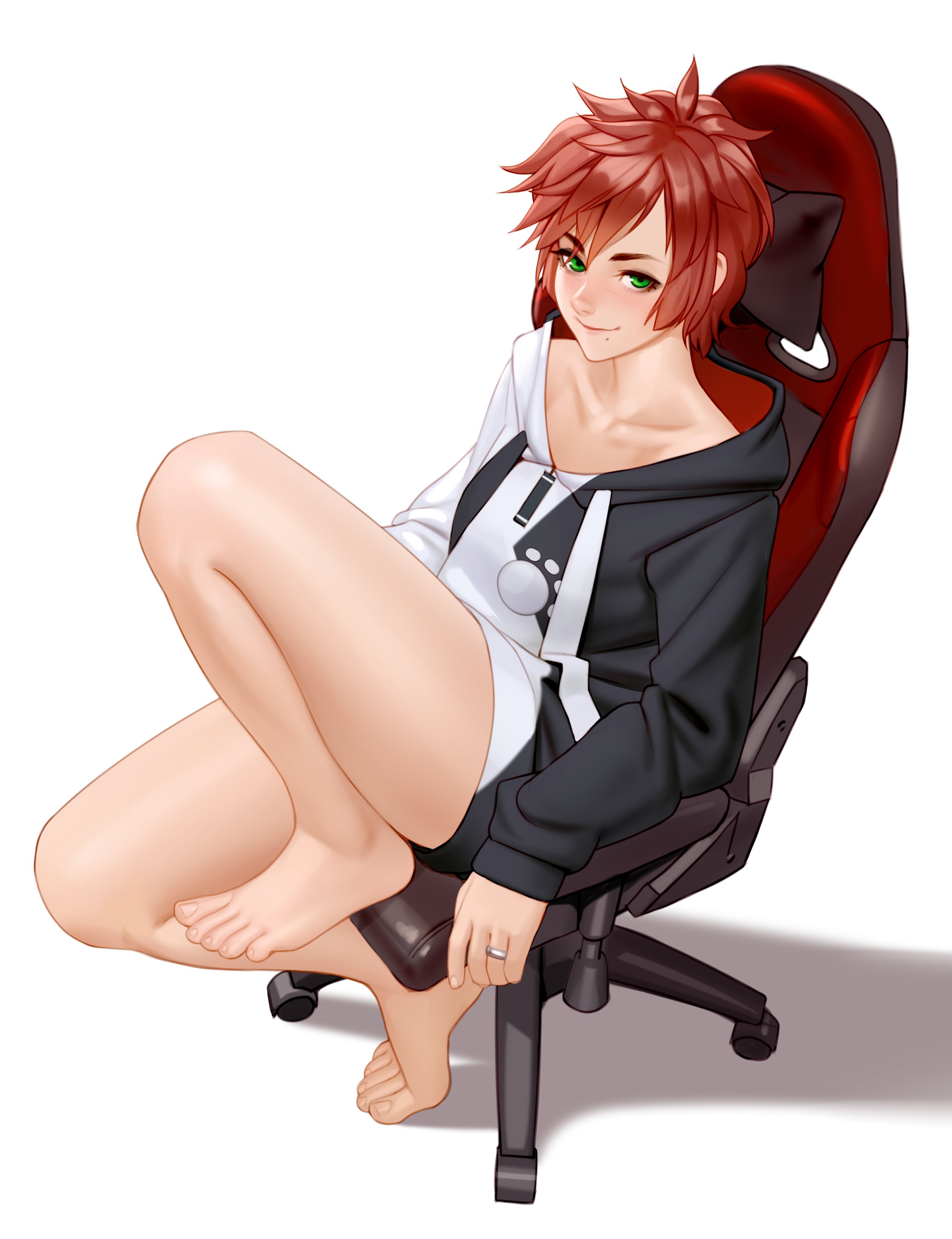 Safebooru Girl Absurdres Barefoot Chair Commentary Cosplay Feet Gaming Chair Green Eyes