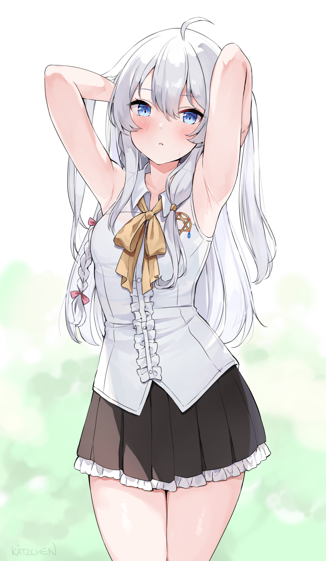 Safebooru 1girl Ahoge Armpits Arms Behind Head Arms Up Bare Arms Bare