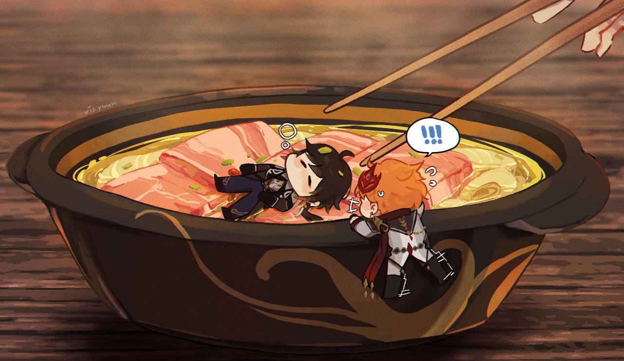 Safebooru 2boys bangs black gloves black hair brown hair chibi