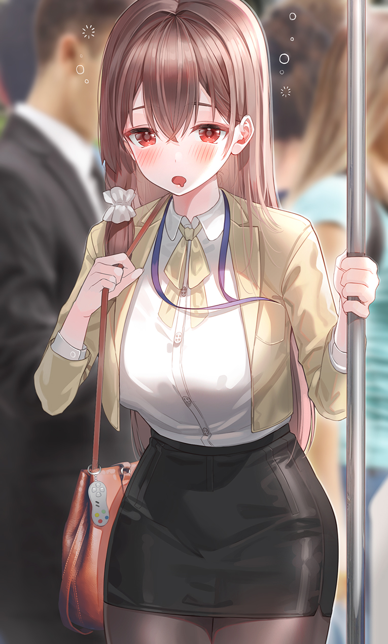 Safebooru - 1girl bag bag charm bangs black legwear black skirt blurry