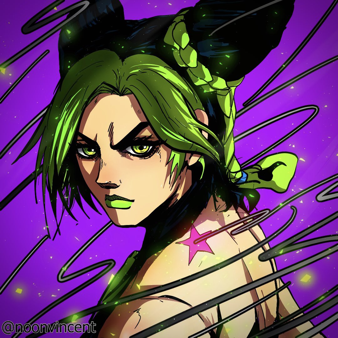 kujo_jolyne lipstick makeup multicolored_hair noonvincent ponytail serious ...