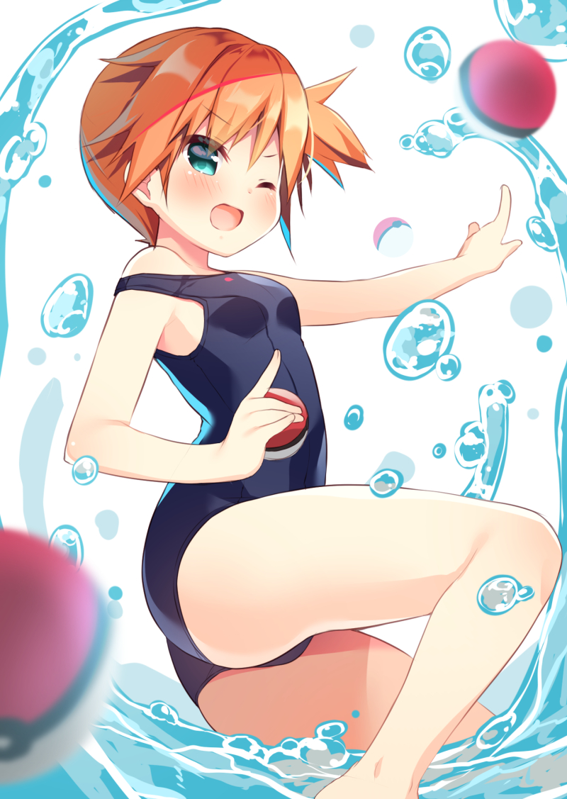 misty(pokemon) one-piece_swimsuit one_eye_closed open_mouth outstretched_ar...