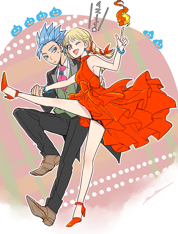Safebooru - :d bare shoulders black jacket black pants blonde hair blue ...