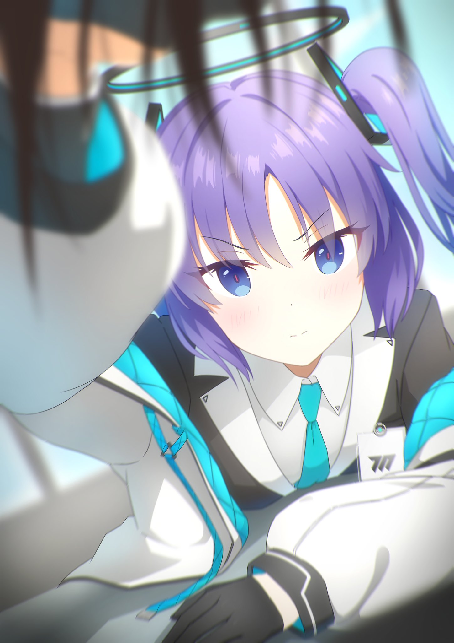 1girl blue_archive blue_eyes blurry blurry_foreground blush commentary_requ...