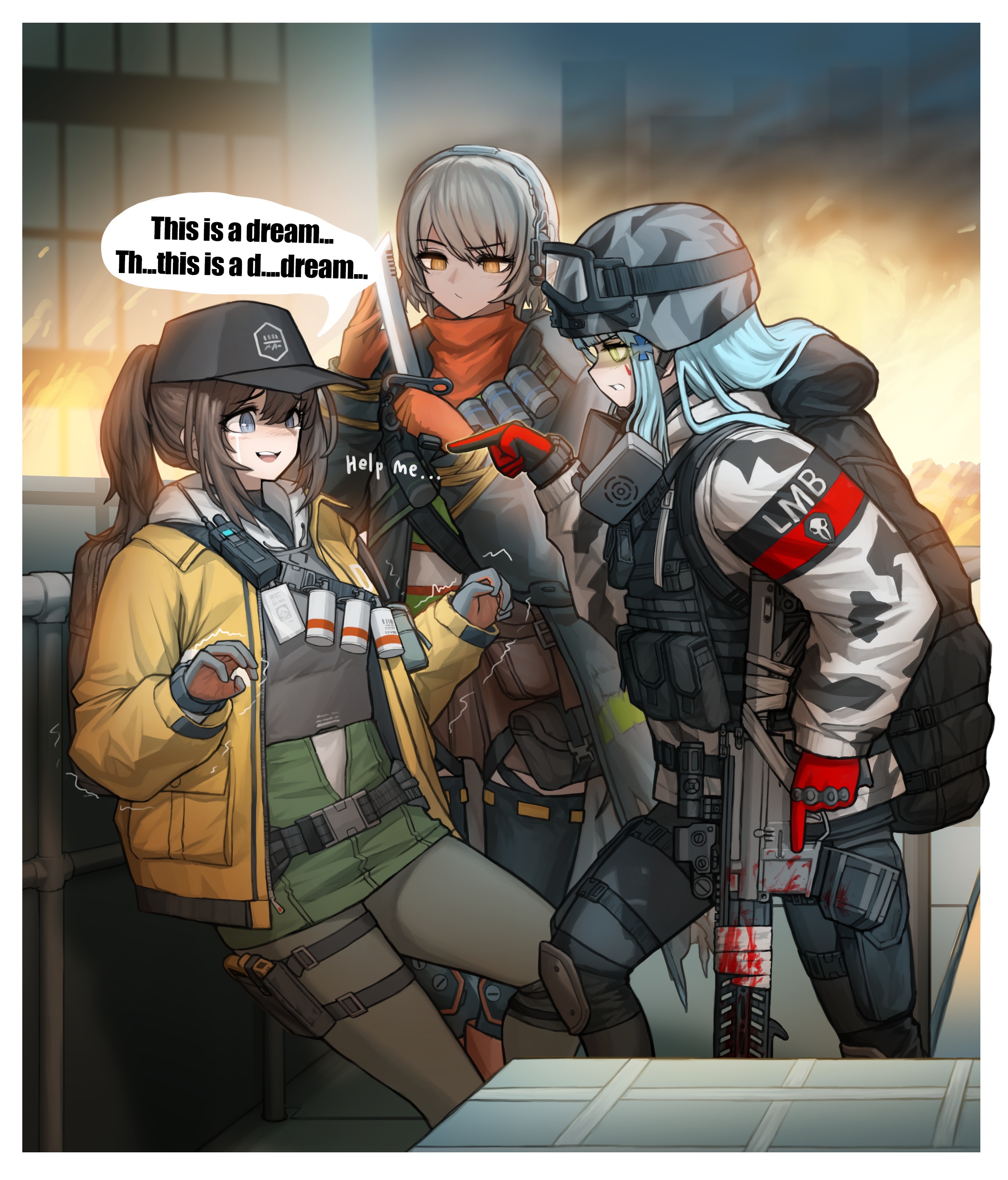 Safebooru 3girls Absurdres Acog Assault Rifle Bandolier Cheogtanbyeong Cleaners Combat Knife 