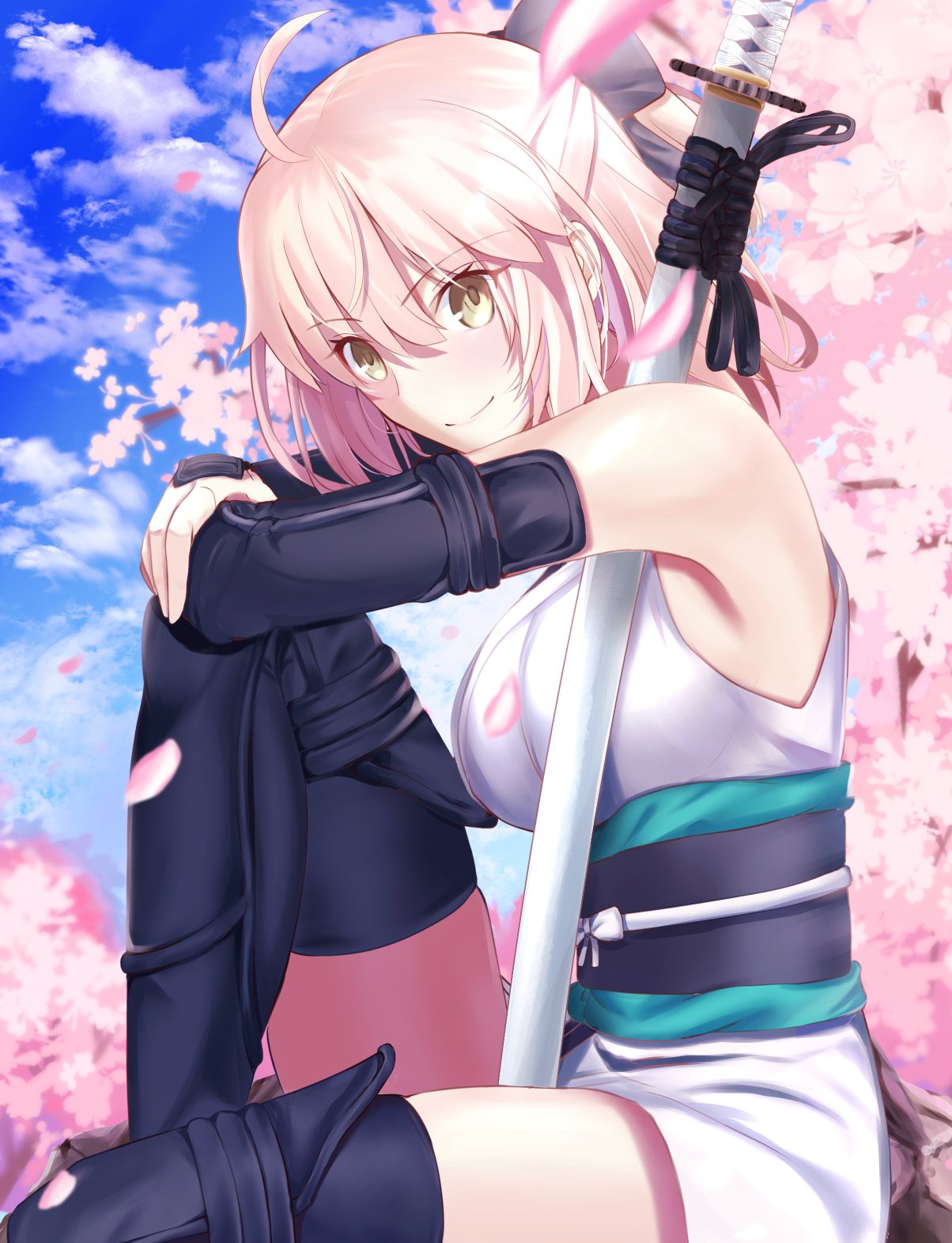 Safebooru - 1girl ahoge arm guards bare shoulders black bow black scarf