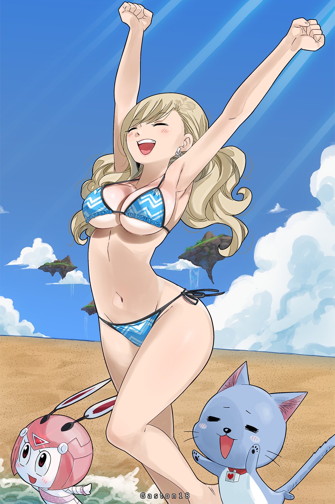 Safebooru - 1girl beach bikini blonde hair blue bikini breas