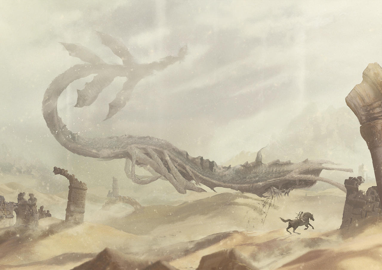 orioto phalanx(shadow_of_the_colossus) riding sand sandstorm shadow_of...