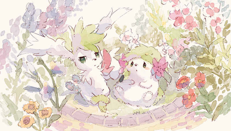 no_humans orange_flower pokemon pokemon(creature) purple_flower red_flower shaymin...