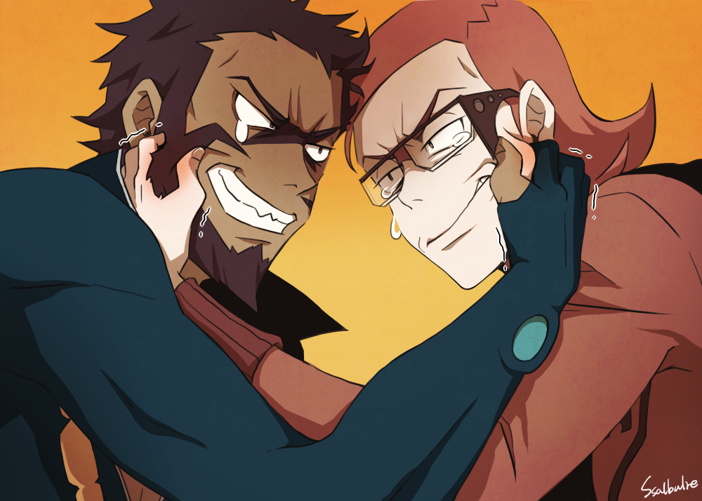 Safebooru - 2boys archie (pokemon) beard brown hair cheek pull clenched ...