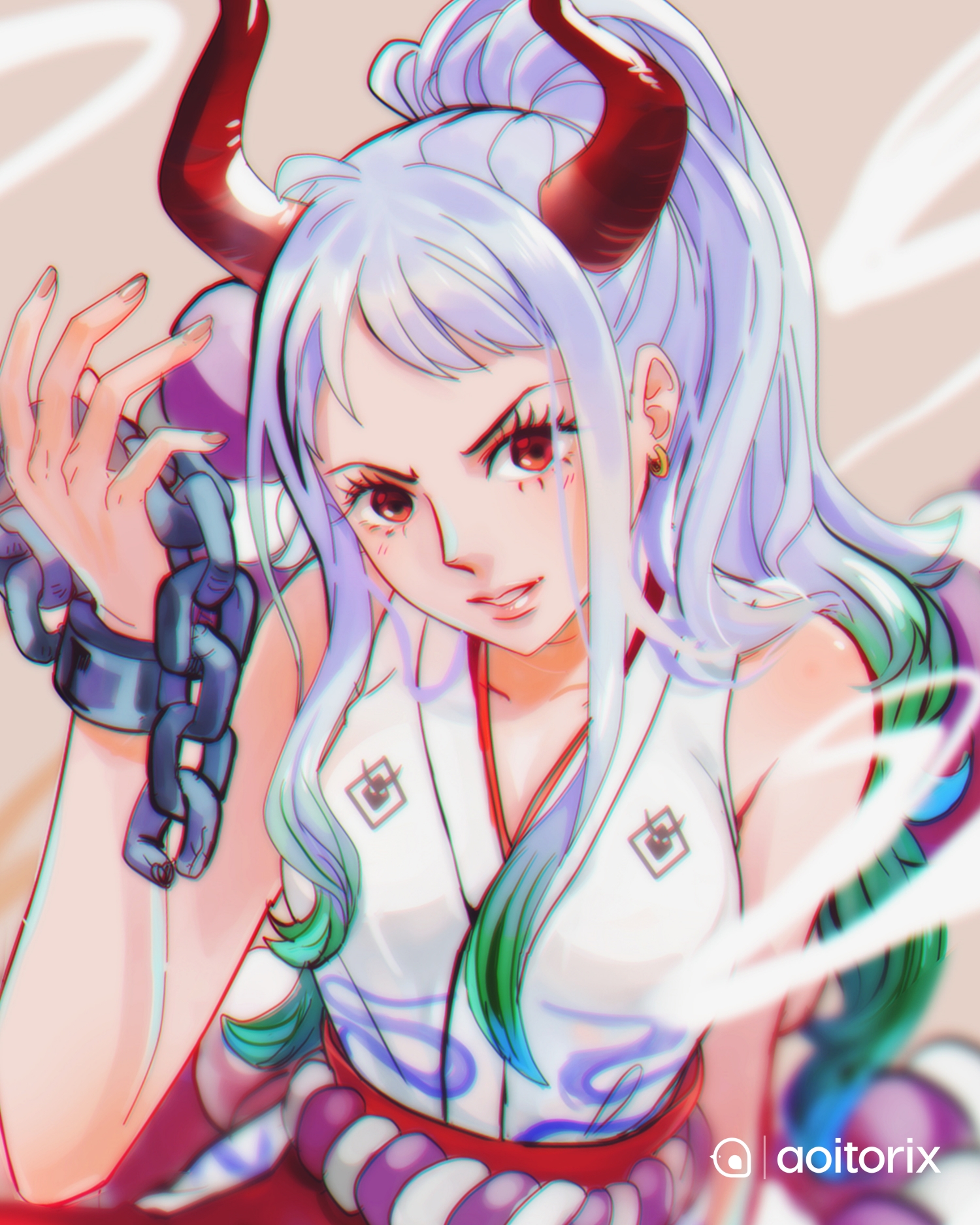 Safebooru 1girl Aoitorix Bare Shoulders Chain Collarbone Cuffs Curled 