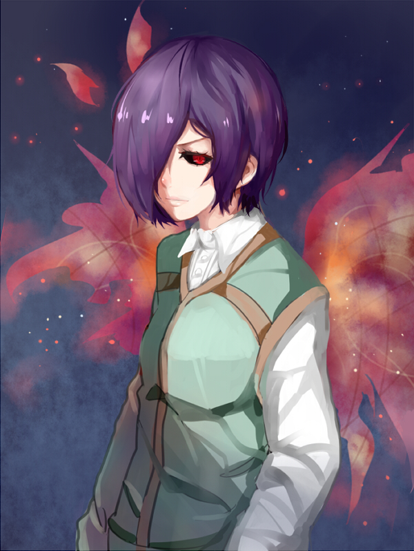 looking_at_viewer purple_hair red_eyes red_wings shiny shiny_hair shirt sho...