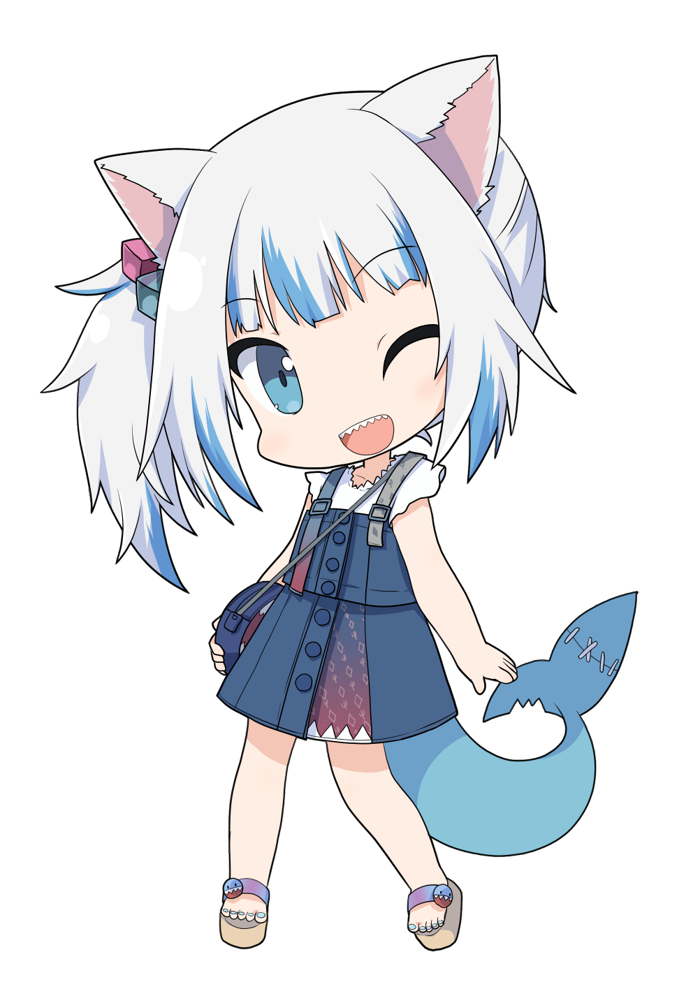 Safebooru - 1girl :d ;d animal ear fluff animal ears bag bare arms blue ...