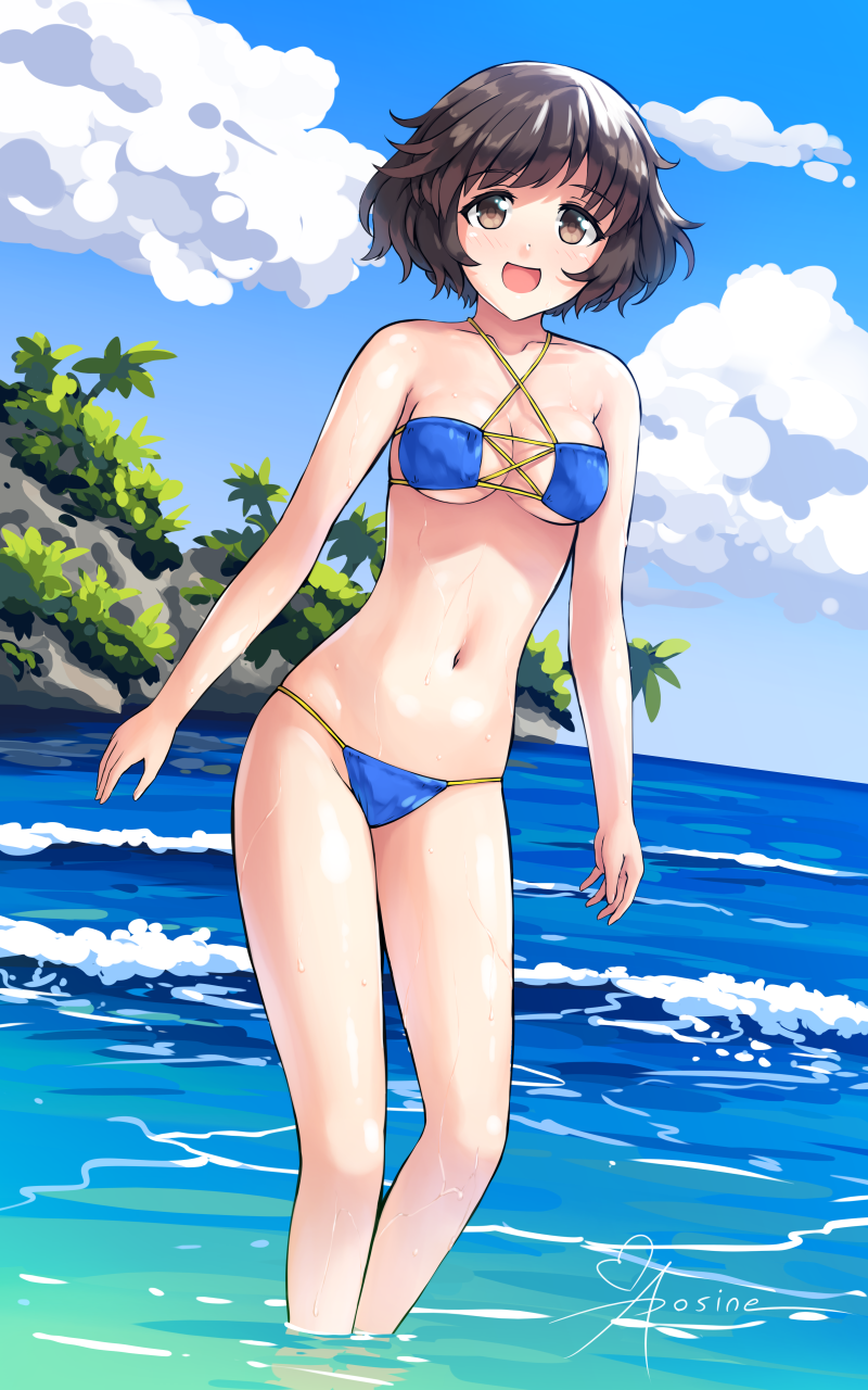 1girl akiyama_yukari aposine bikini black_hair blue_bikini blue_sky breasts...
