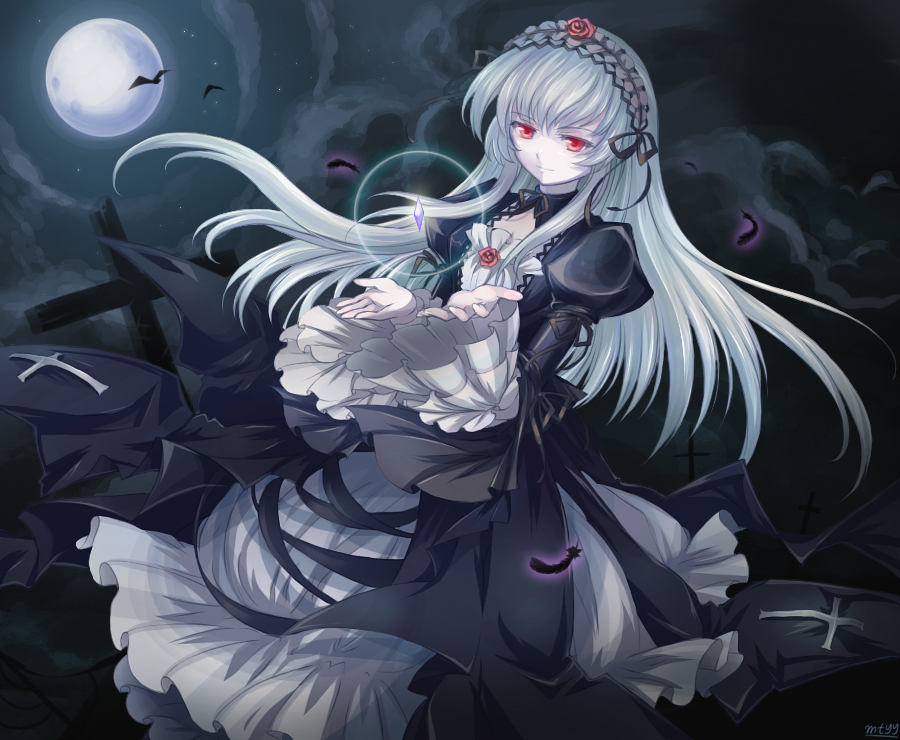 dress feathers hairband meimei moon mtyy red_eyes rozen_maiden silver_hair ...