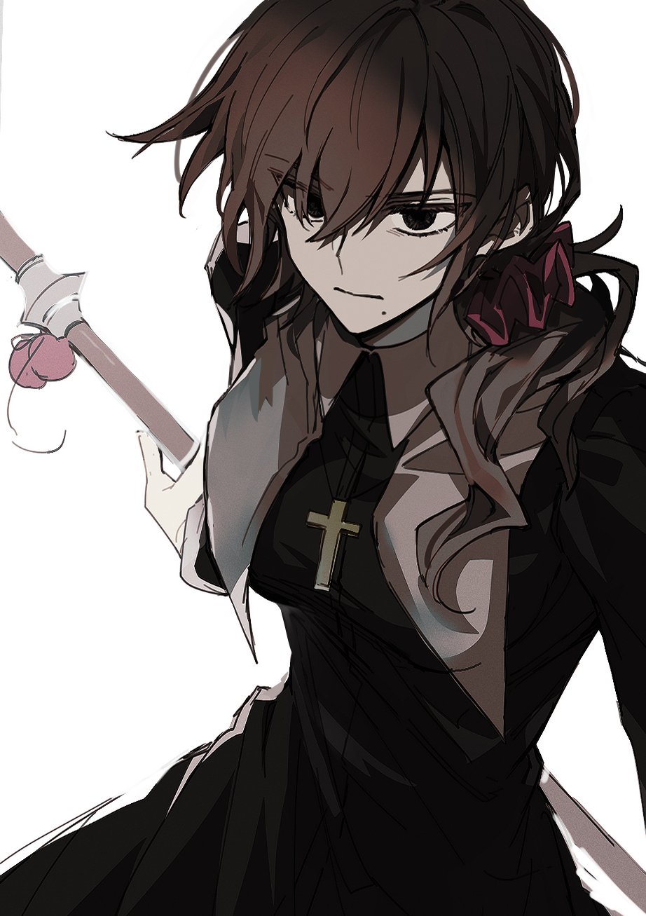 Cross Angry Safebooru - 1girl angry black robe breasts brown eyes brown hair ...