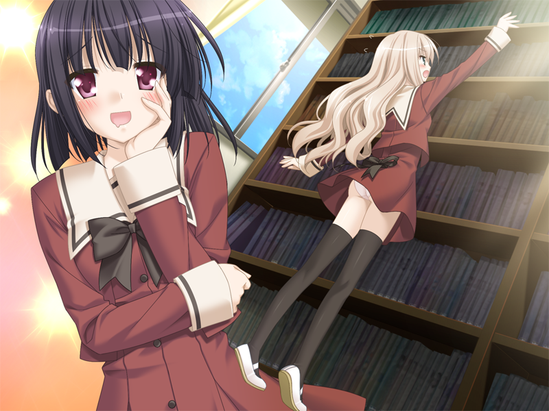 bookshelf fuguriya game_cg kawamura_reo library long_hair multiple_girls pa...