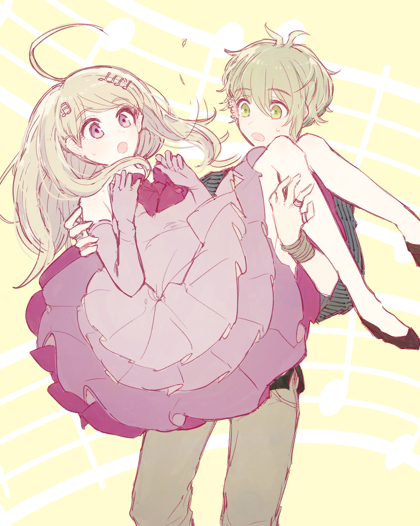 1boy 1girl :o ahoge akamatsu_kaede alternate_costume amami_rantarou antenna...