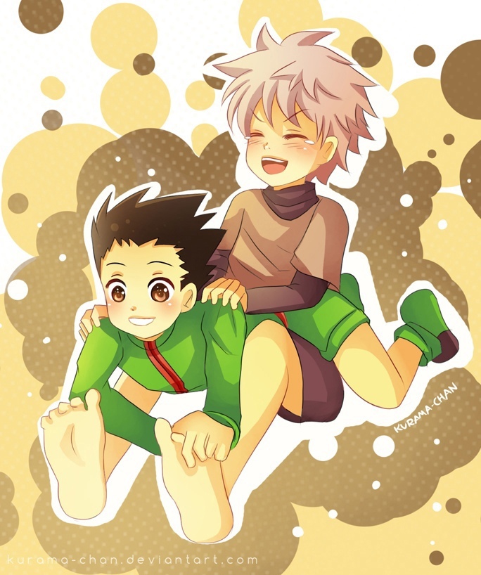 2boys black_hair closed_eyes foot_tickling gon_freecss hunter_x_hunter kill...