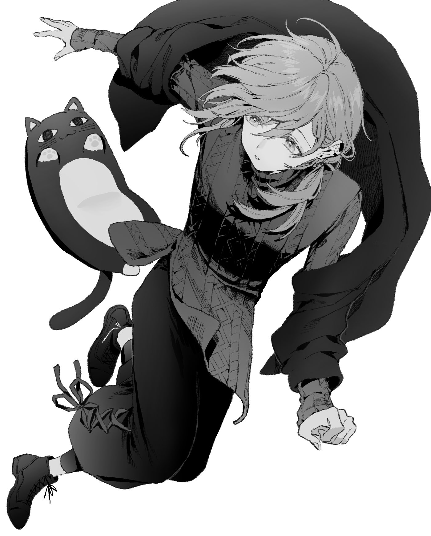 Safebooru 1boy bangs boots ear piercing full body greyscale hair