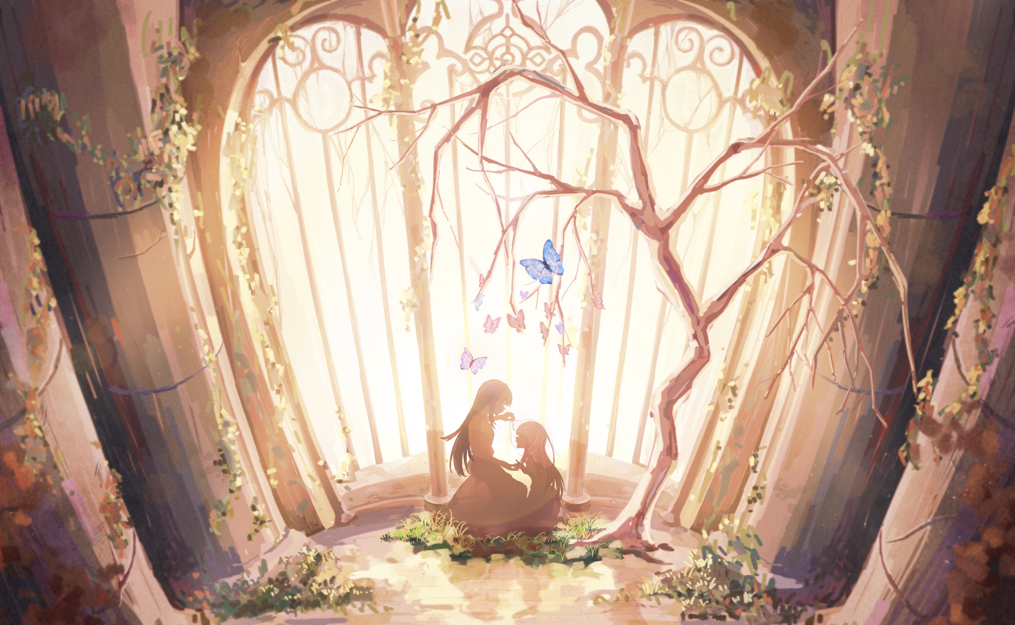 Safebooru - 2girls absurdres bangs bare tree blue butterfly blunt bangs ...