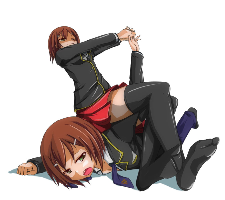 ...black_thighhighs brother_and_sister brown_hair green_eyes hair_ornament ...