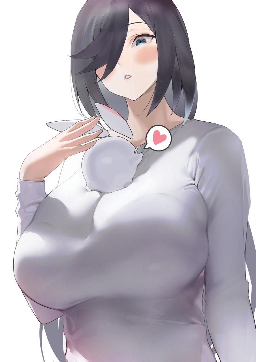 ...blue_eyes blush bra_through_clothes breasts from_below hair_over_one_eye...