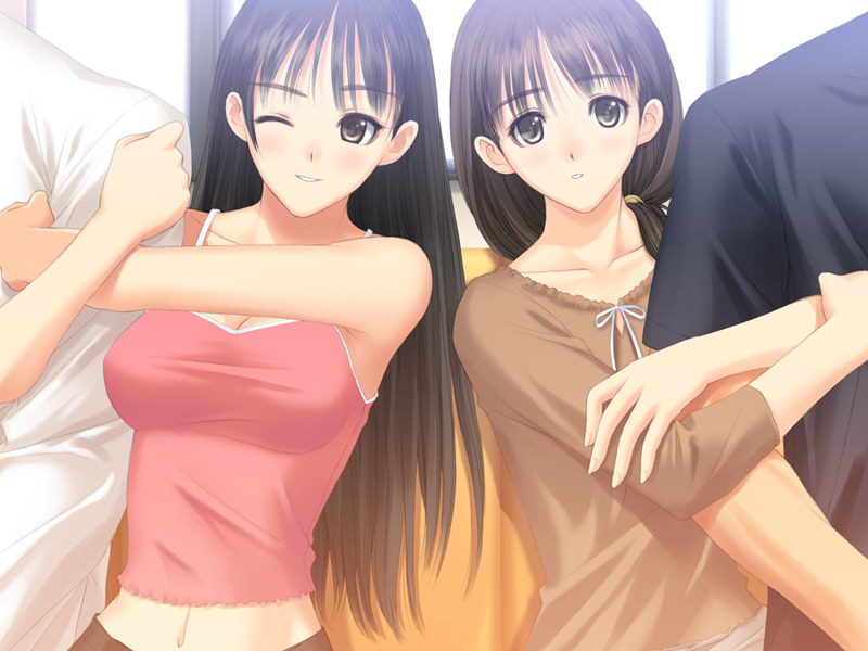 arm_hug armpits black_hair breasts camisole cleavage game_cg large_breasts ...