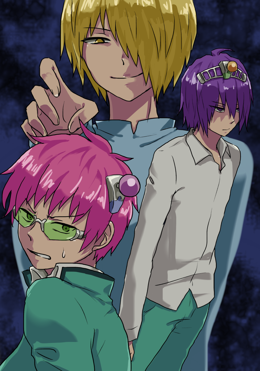 headgear highres multiple_boys pink_hair purple_hair saiki_kusuo saiki_kusu...