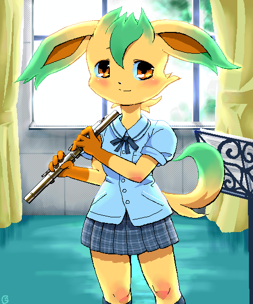 flute furry g-sun leafeon pokemon school_uniform.