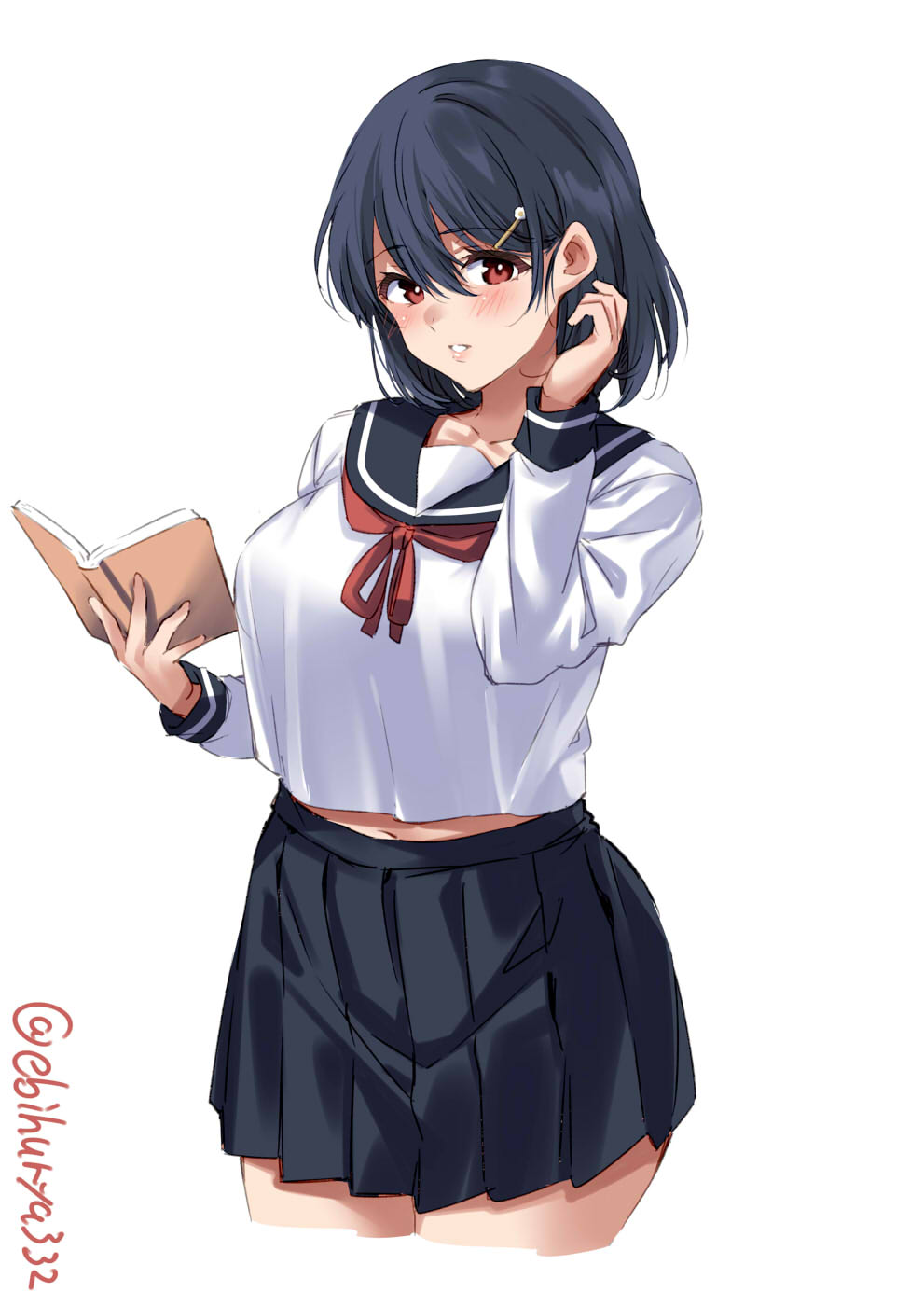 Safebooru 1girl black hair black sailor collar black skirt book