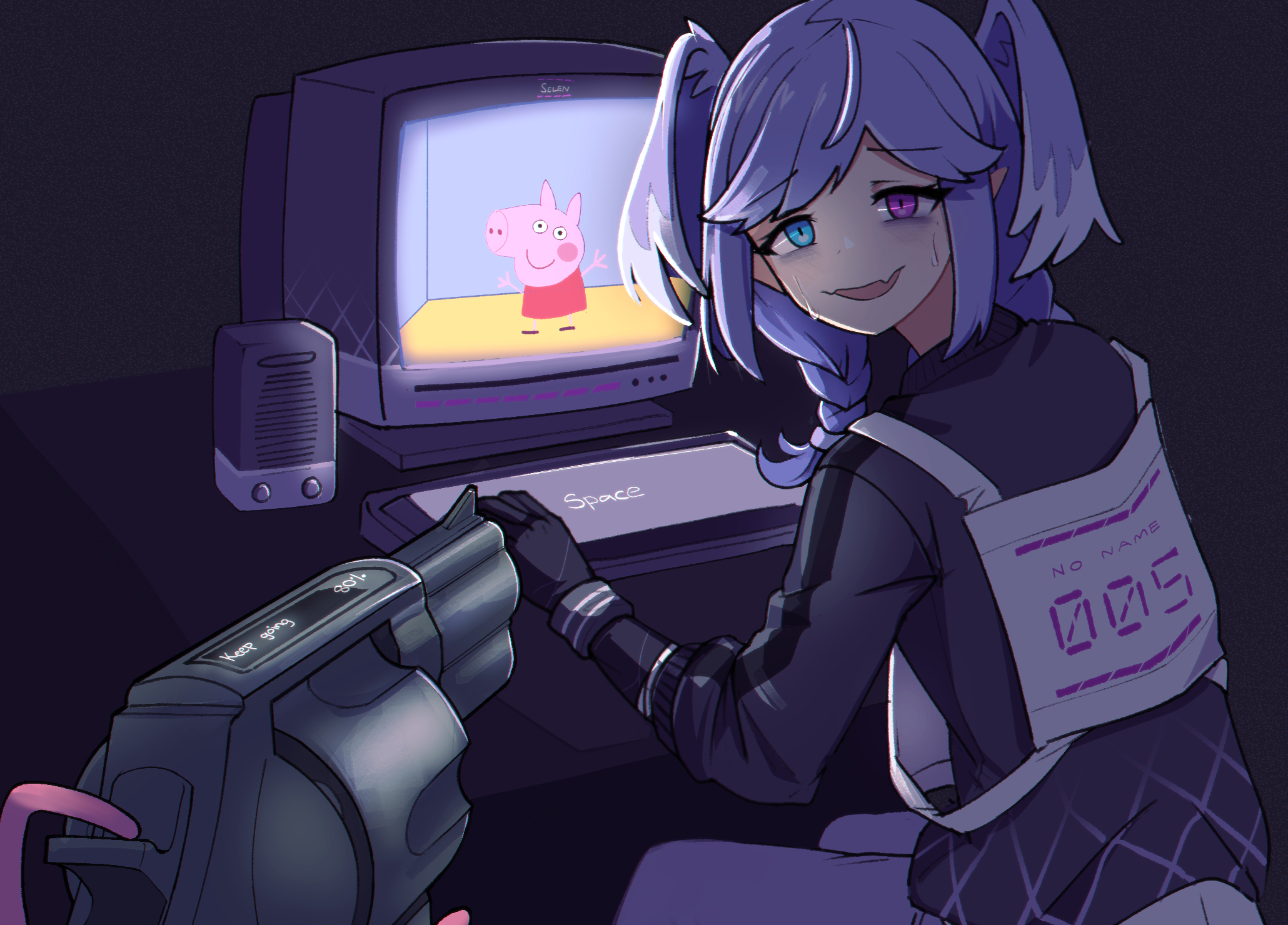 Safebooru - 1girl aiming at computer at gunpoint bags under eyes black ...