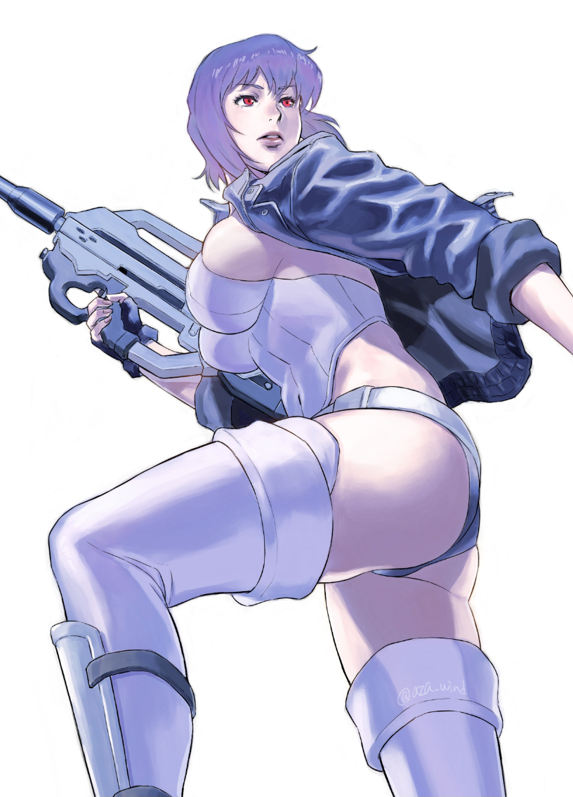 1girl assault_rifle azasuke blue_jacket breasts covered_nipples from_side g...