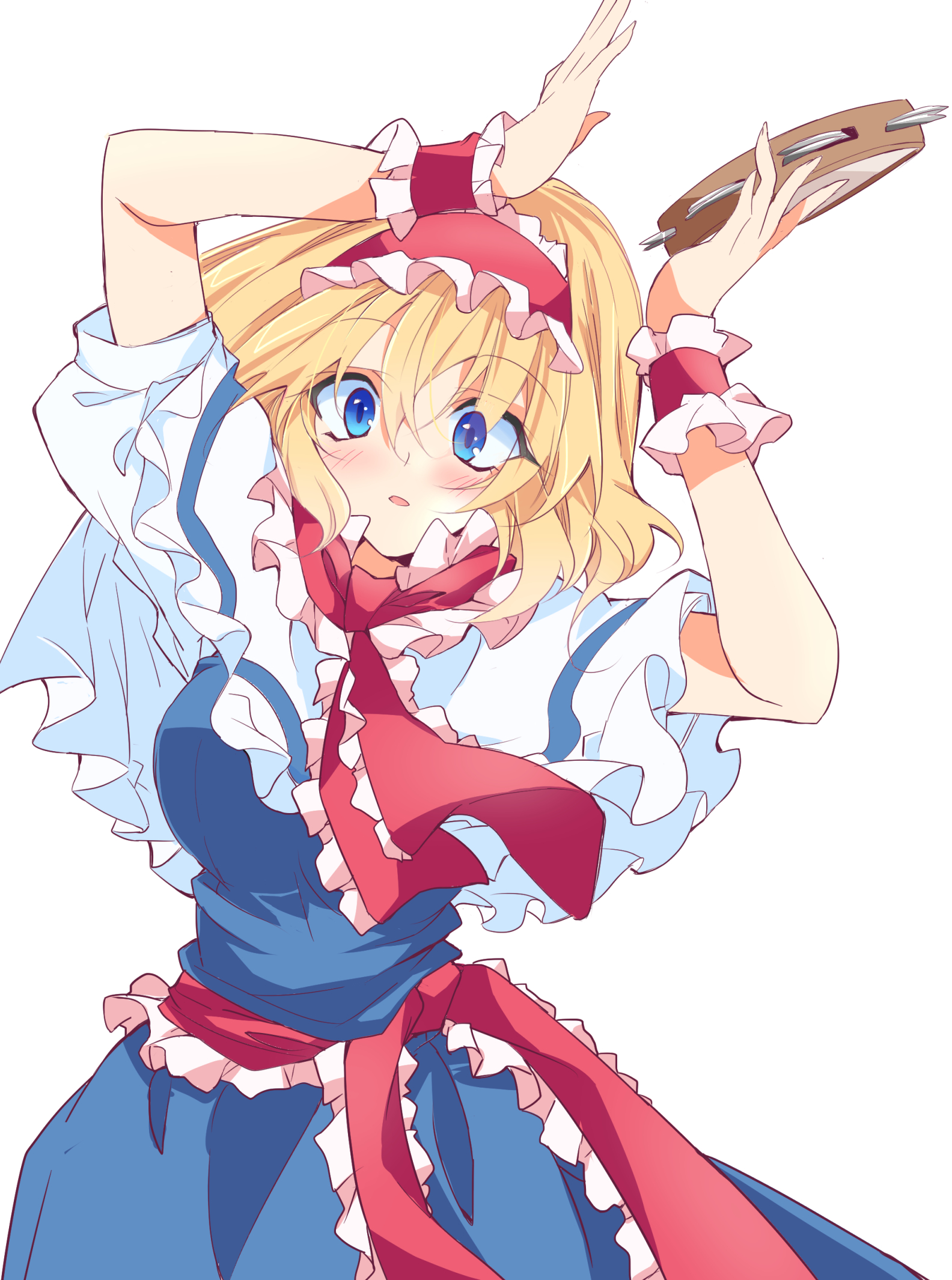 Safebooru - 1girl alice margatroid arms up bangs belt blonde hair blue 
