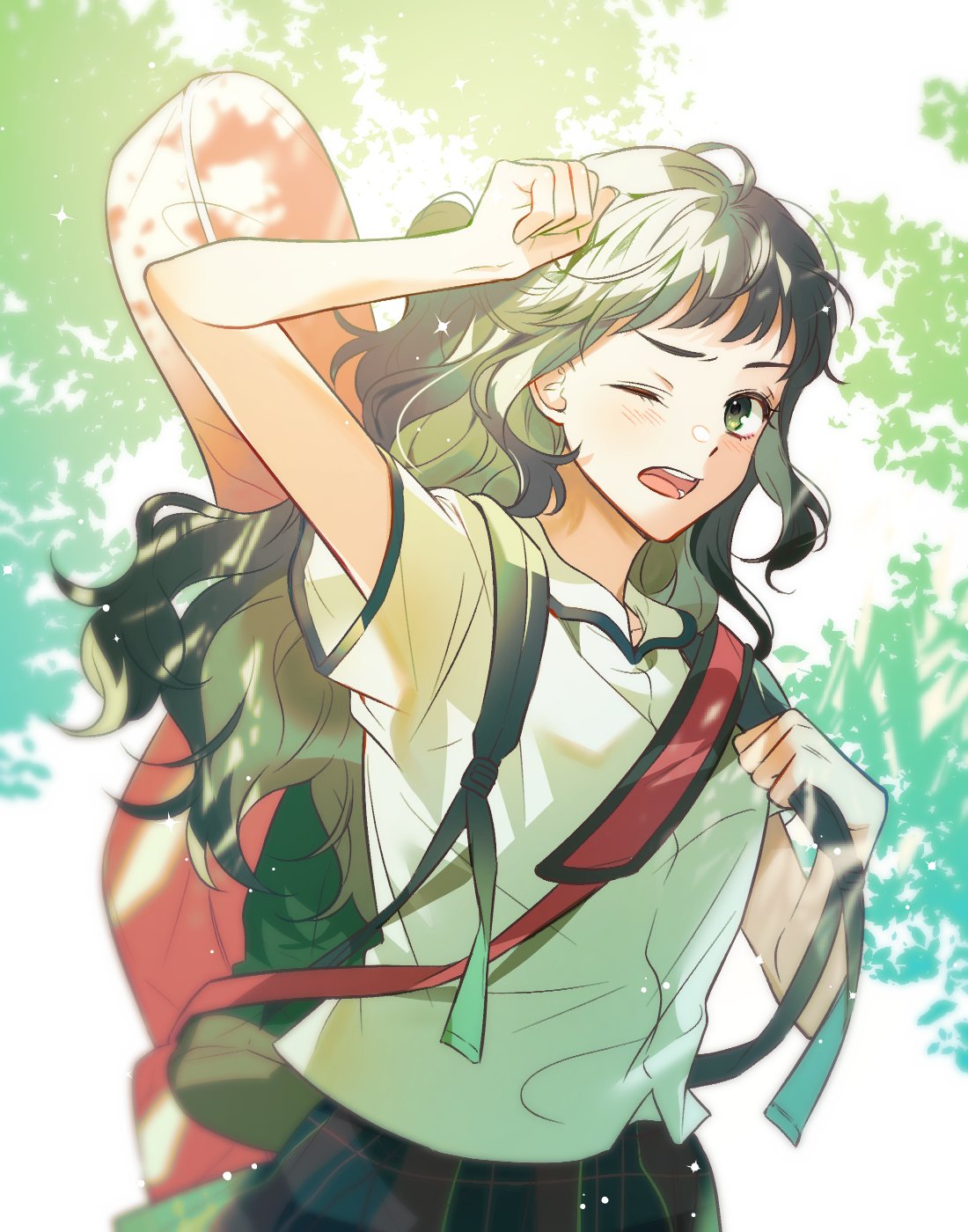Safebooru - 1girl arm up backpack bag black bag black hair blush ...