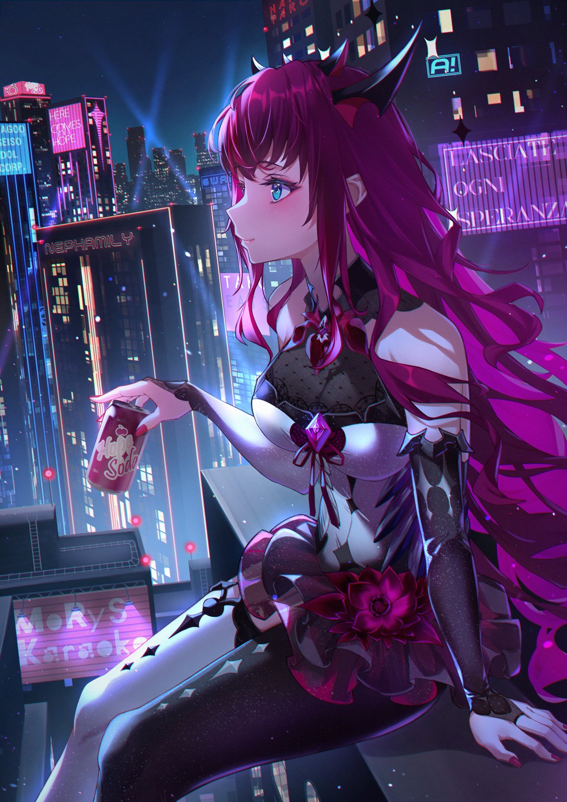 Safebooru 1girl Asymmetrical Legwear Black Legwear Blue Eyes Breasts City Cyberpunk Detached 