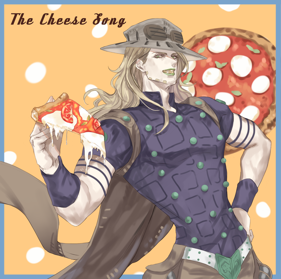 Safebooru 1boy beard blonde hair cape facial hair food green lips grills gyro zeppeli hat