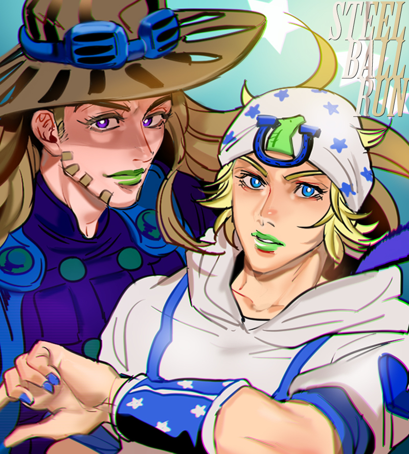 Safebooru 2boys anzumame beard blonde hair blue eyes blue nails brown hair facial hair goggles