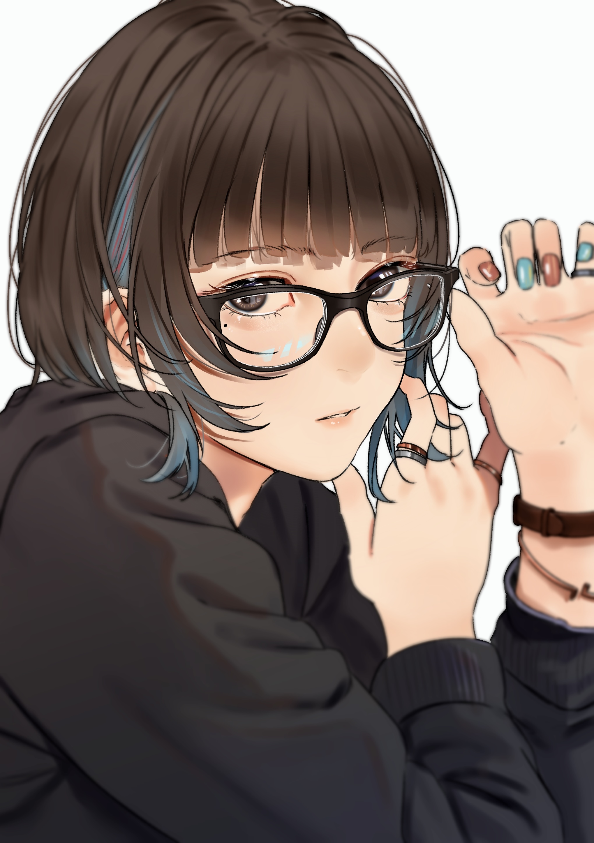 Safebooru 1girl Absurdres Bangs Black Framed Eyewear Black Hair Black Hoodie Bracelet Brown 9018