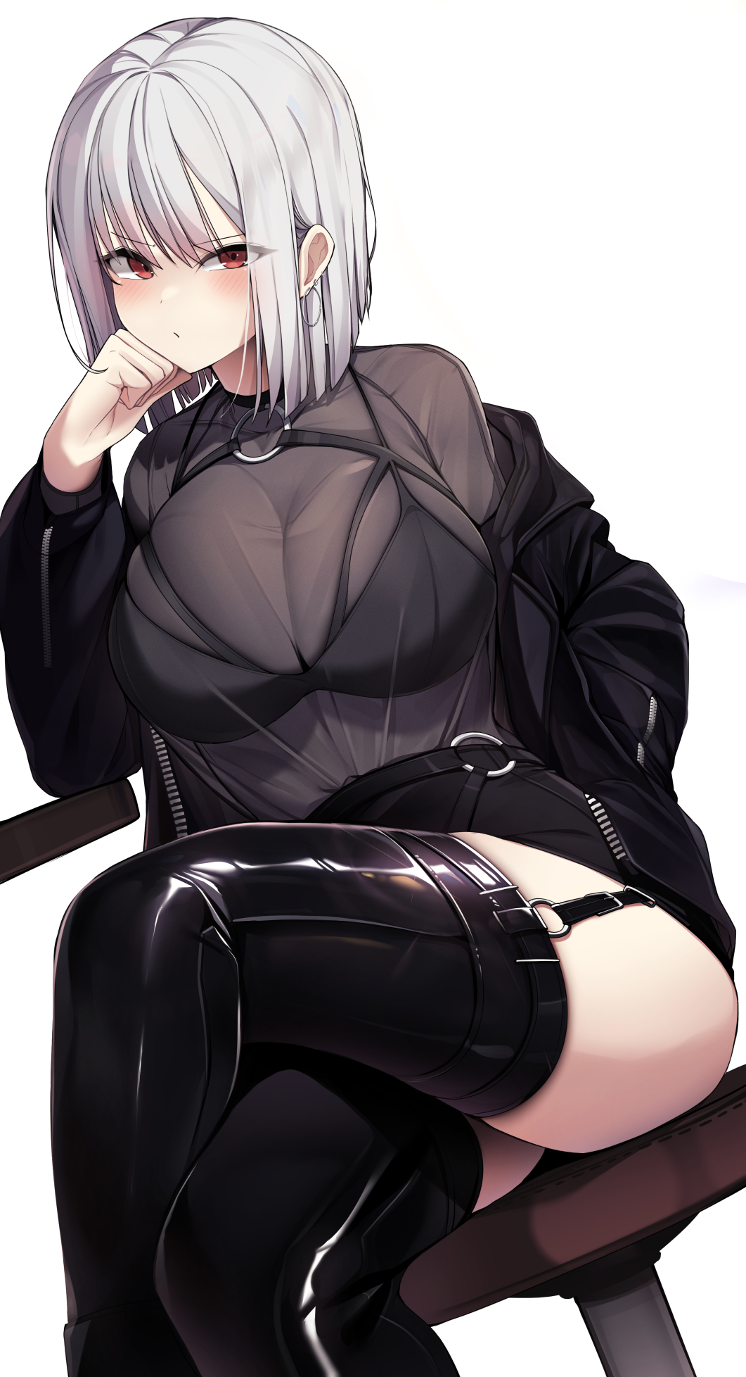 ...black_skirt blush bra bra_visible_through_clothes breasts closed_mouth c...