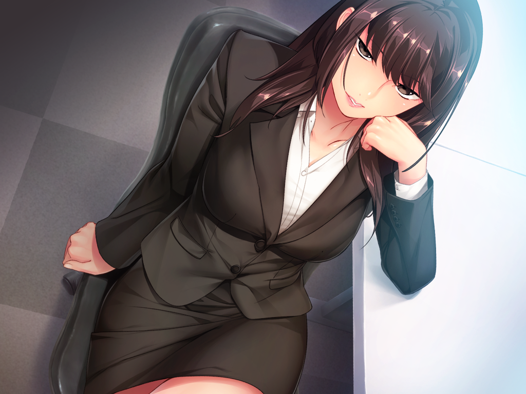 ...breasts brown_eyes brown_hair checkered_floor collarbone collared_shirt do...