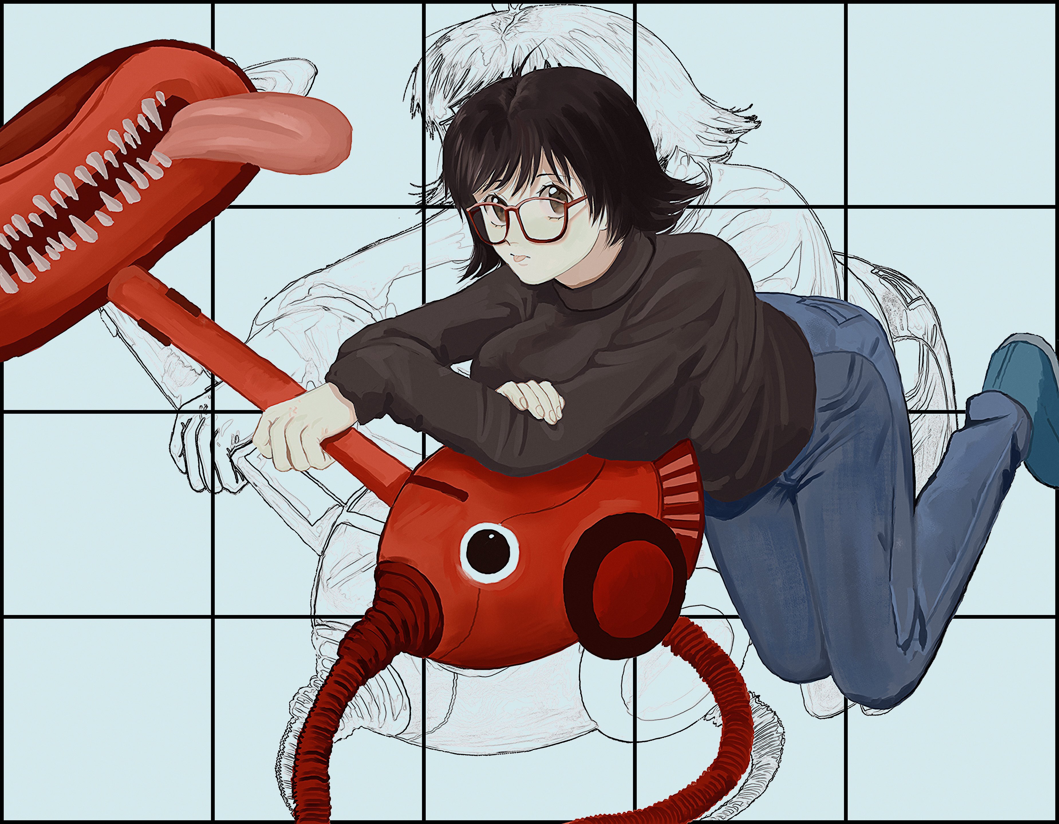 Safebooru 1girl absurdres black hair black shirt brown eyes denim