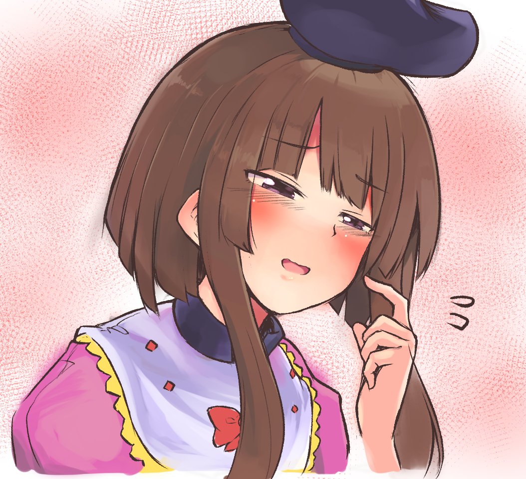 Safebooru 1girl Bangs Blunt Bangs Blush Brown Hair Cropped Torso Dress Flying Sweatdrops 0810