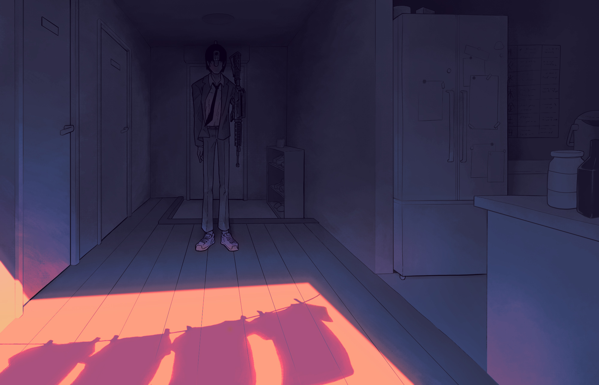 Safebooru - 1boy apartment assault rifle chainsaw man commentary ...