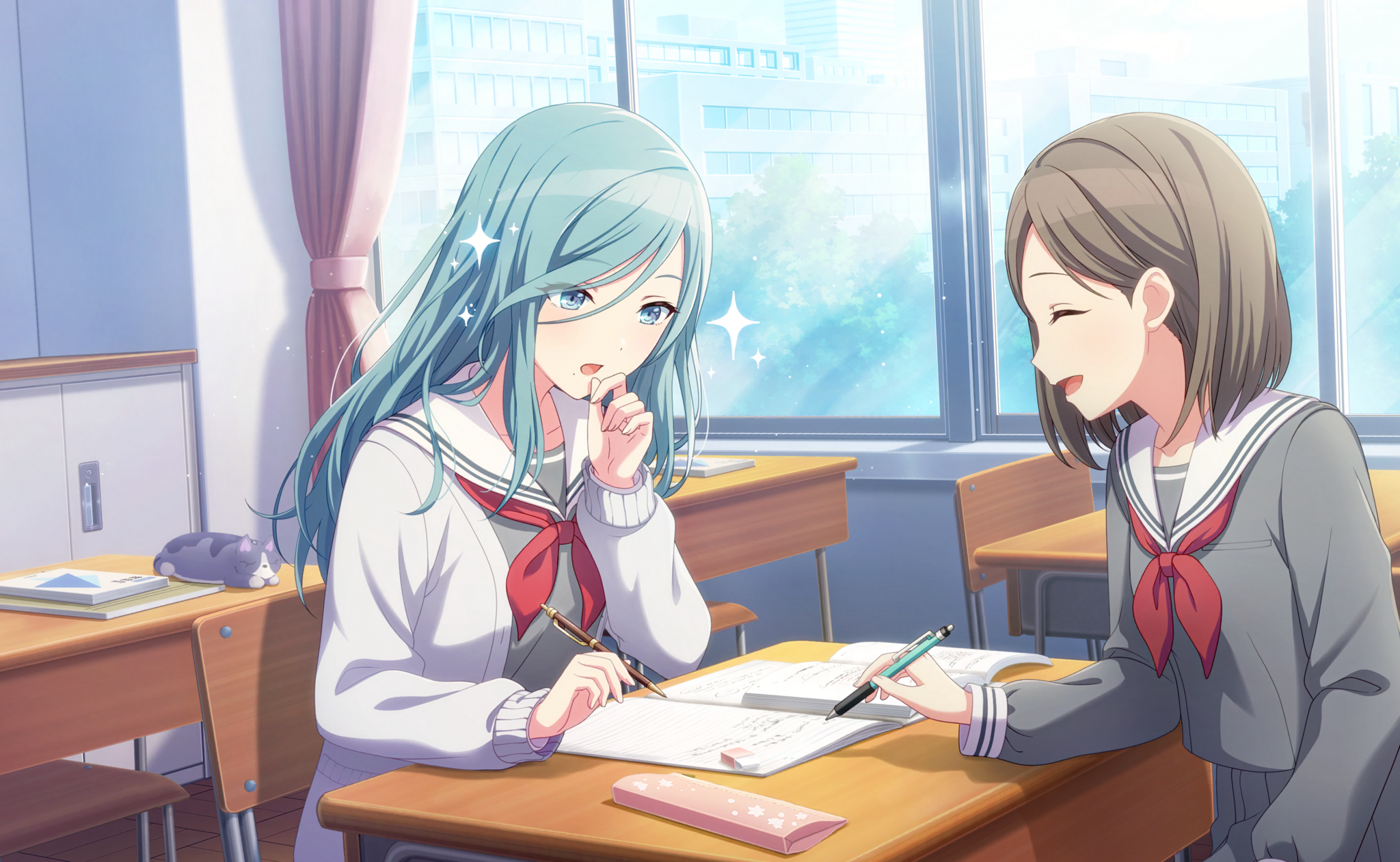 Safebooru - 2girls :d ^ ^ aqua hair blue eyes book brown hair chair ...