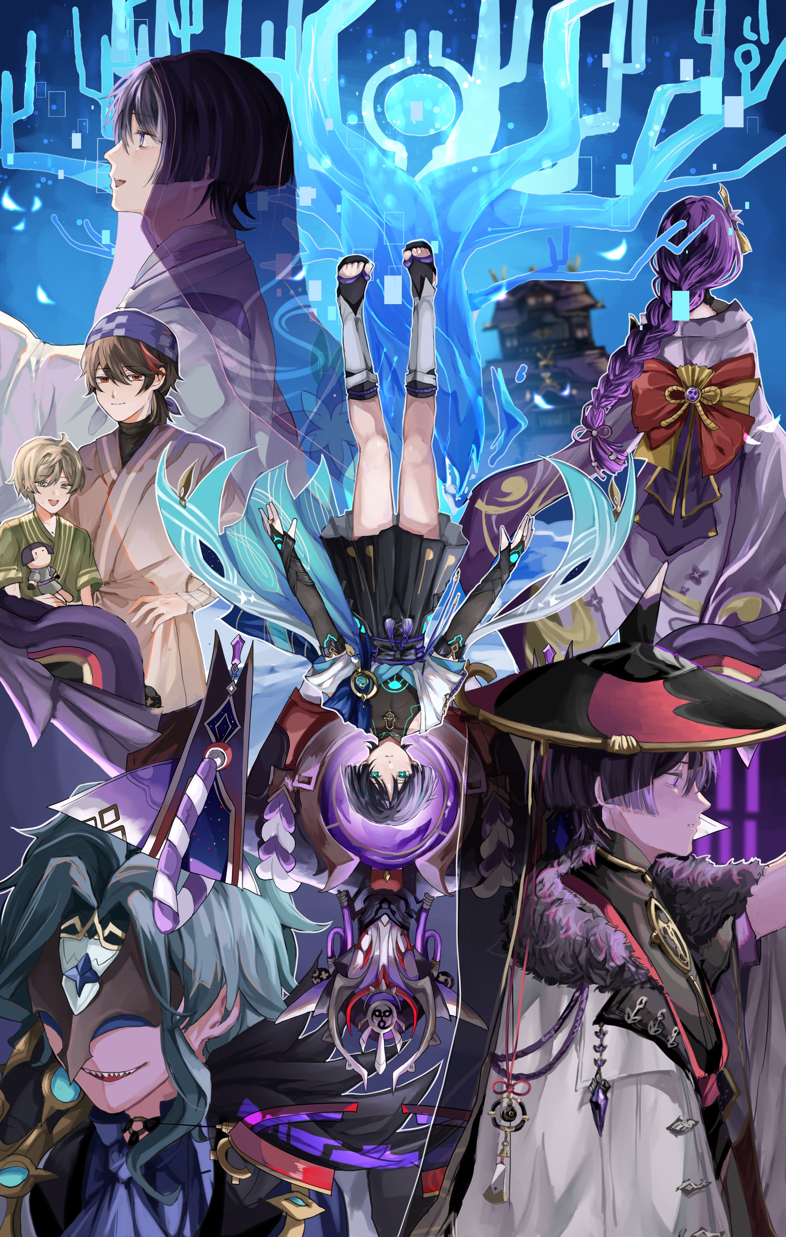 Safebooru - 1girl 6+boys absurdres anemo symbol (genshin impact) aqua ...